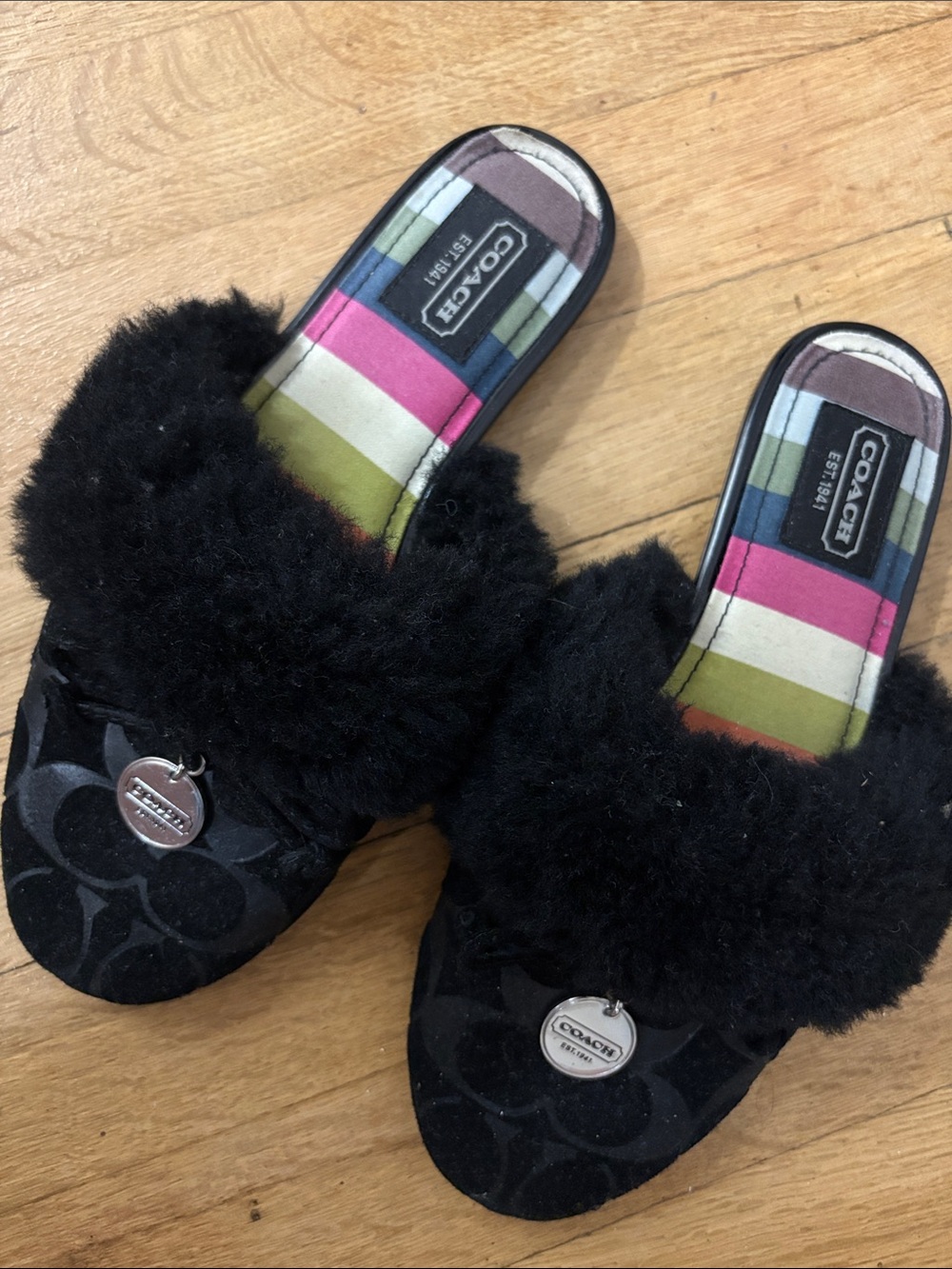 Coach Black Shearling Logo Mules